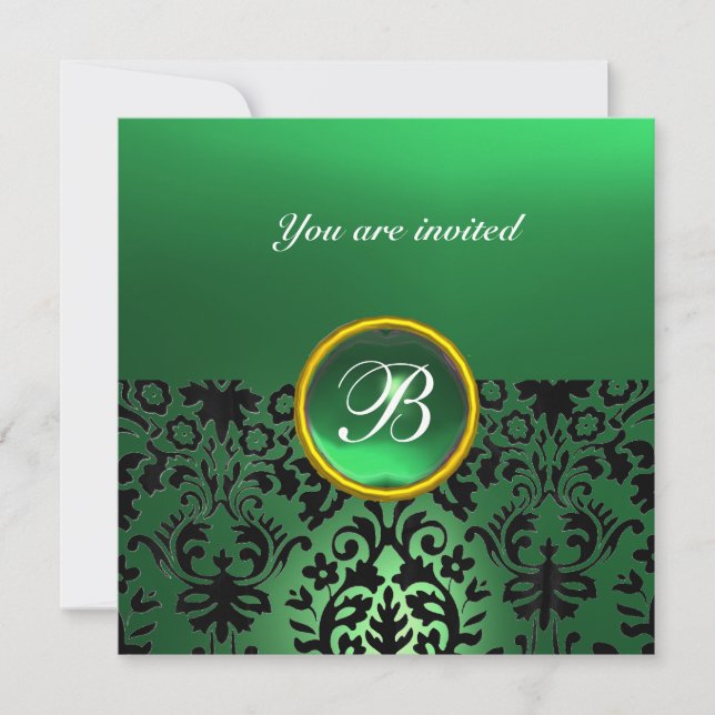 DAMASK GEM STONE MONOGRAM jade green Invitation (Front)