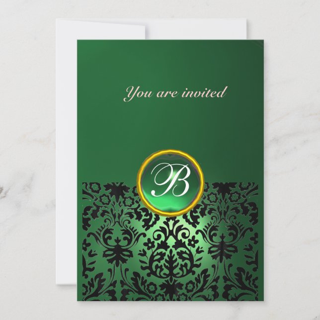 DAMASK GEM STONE MONOGRAM jade green Invitation (Front)