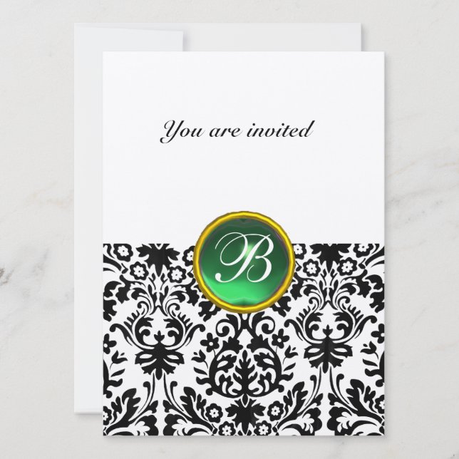 DAMASK GEM STONE MONOGRAM jade green speckled Invitation (Front)
