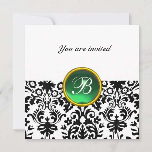 DAMASK GEM STONE MONOGRAM jade green white Invitation