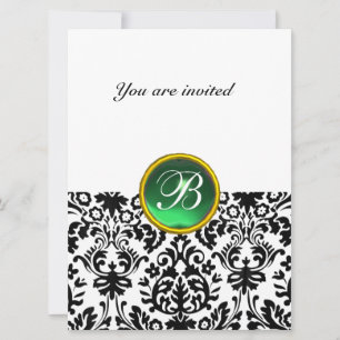 DAMASK GEM STONE MONOGRAM jade green white Invitation