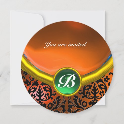 DAMASK GEM STONE MONOGRAM orange green Invitation