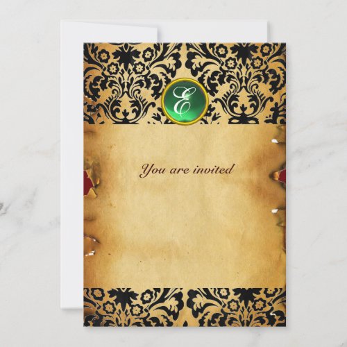 DAMASK GEM STONE MONOGRAM parchment green Invitation