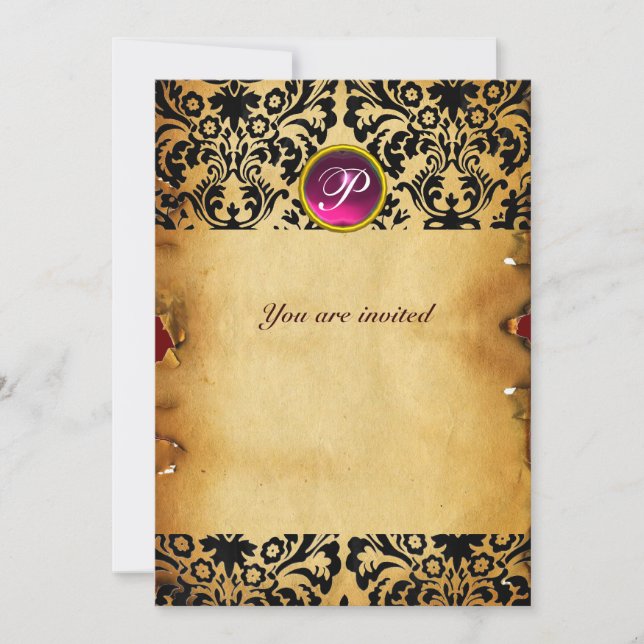 DAMASK GEM STONE MONOGRAM parchment purple pink Invitation (Front)