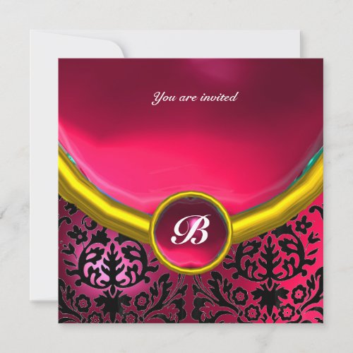 DAMASK GEM STONE MONOGRAM pink  fuchsia ruby Invitation