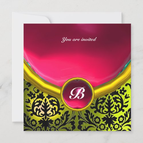 DAMASK GEM STONE MONOGRAM pink yellow Invitation