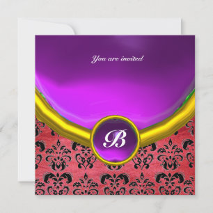 DAMASK GEM STONE MONOGRAM purple pink silk black Invitation
