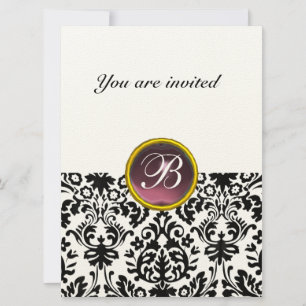DAMASK GEM STONE MONOGRAM  purple speckled Invitation