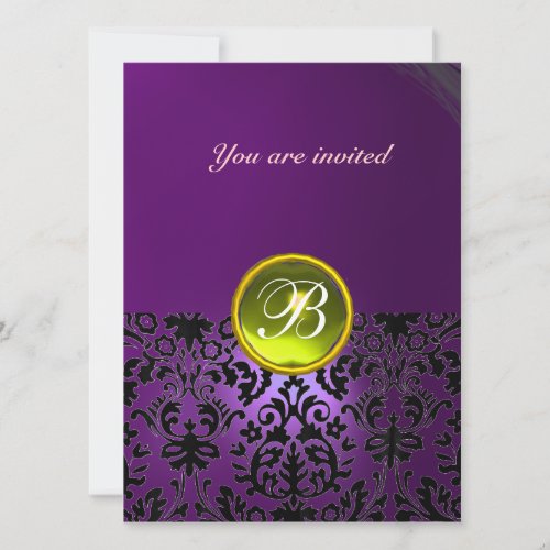 DAMASK GEM STONE MONOGRAM purple yellow Invitation
