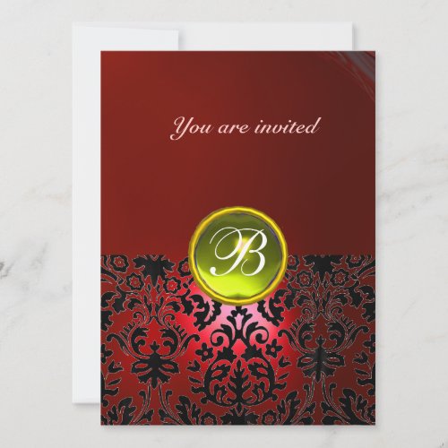 DAMASK GEM STONE MONOGRAM red yellow Invitation