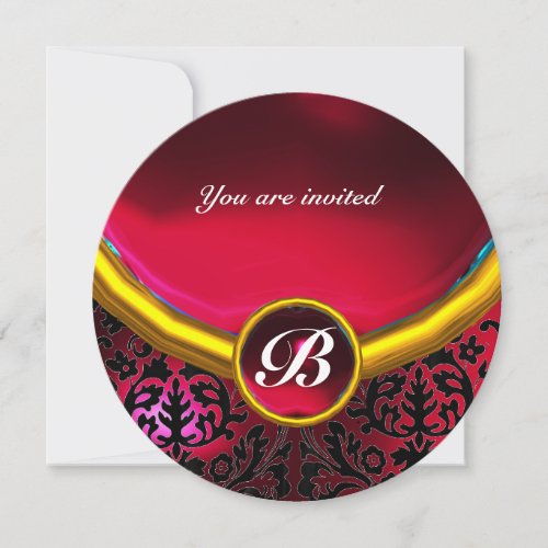 DAMASK GEM STONE MONOGRAM ruby red burgundy Invitation