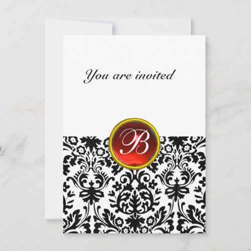 DAMASK GEM STONE MONOGRAM ruby red white rsvp Invitation