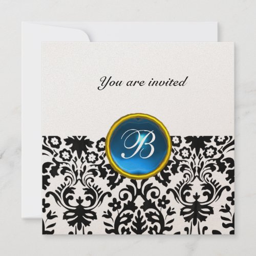 DAMASK GEM STONE MONOGRAM sapphire blue gold Invitation