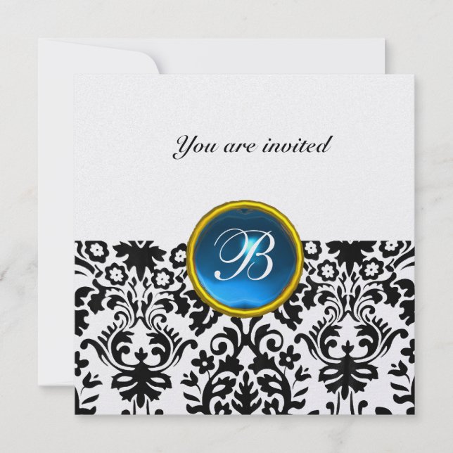 DAMASK GEM STONE MONOGRAM sapphire blue ice Invitation (Front)
