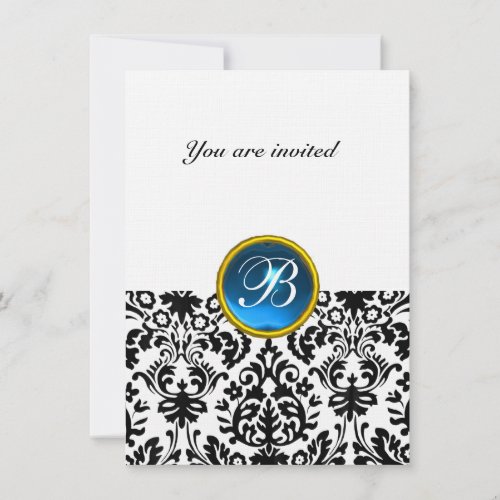 DAMASK GEM STONE MONOGRAM sapphire blue linen rsvp Invitation