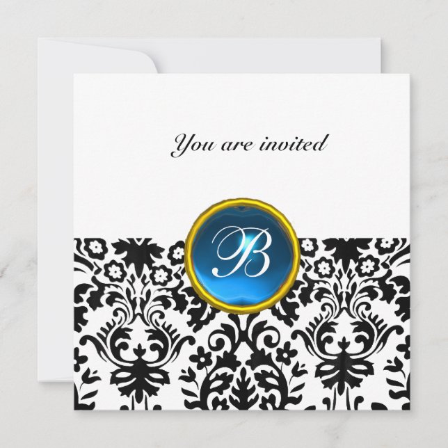 DAMASK GEM STONE MONOGRAM sapphire blue white Invitation (Front)