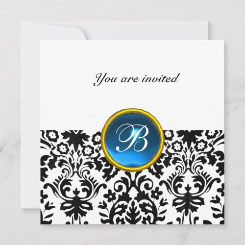 DAMASK GEM STONE MONOGRAM sapphire blue white Invitation