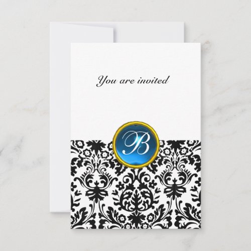 DAMASK GEM STONE MONOGRAM sapphire blue white rsvp Invitation