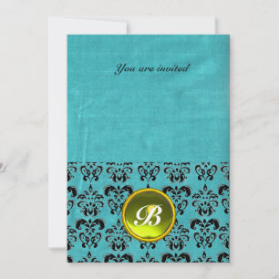 DAMASK GEM STONE MONOGRAM silk blue black white Invitation