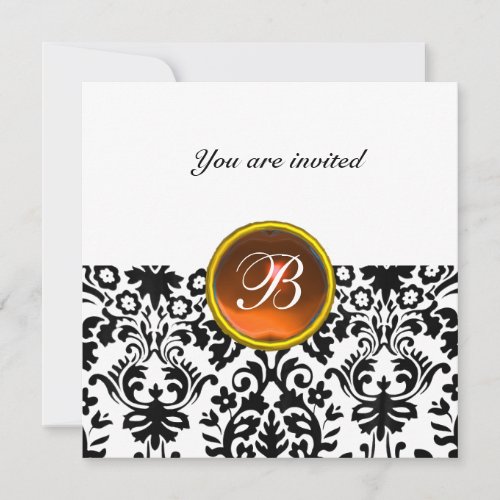 DAMASK GEM STONE MONOGRAM topaz  orange white Invitation