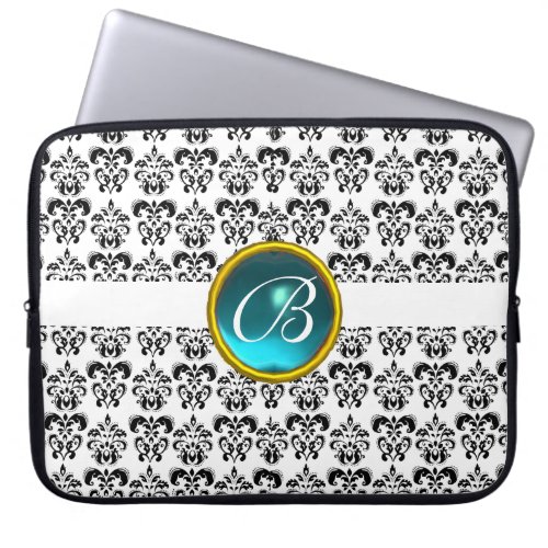 DAMASK GEM STONE MONOGRAM white black blue Laptop Sleeve