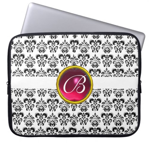 DAMASK GEM STONE MONOGRAM white fuchsia black Laptop Sleeve