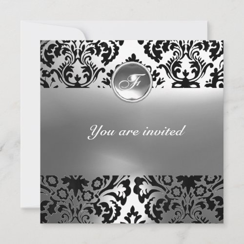 DAMASK GEM STONE MONOGRAM white Invitation