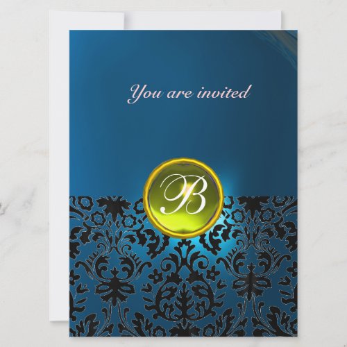 DAMASK GEM STONE MONOGRAM  yellow blue Invitation