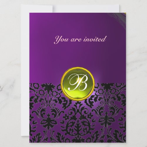 DAMASK GEM STONE MONOGRAM  yellow purple Invitation