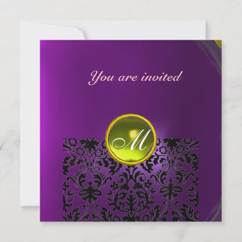 DAMASK GEM STONE MONOGRAM  yellow purple Invitation