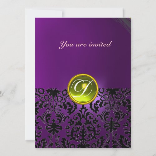 DAMASK GEM STONE MONOGRAM  yellow purple Invitation