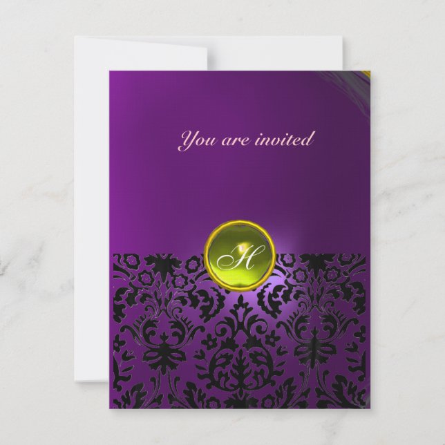 DAMASK GEM STONE MONOGRAM  yellow purple Invitation (Front)