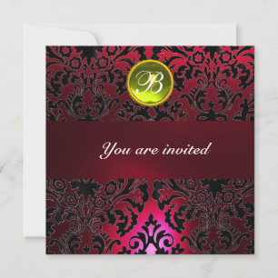 DAMASK GEM STONE MONOGRAM yellow red burgundy Invitation