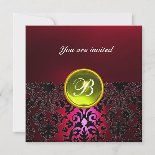 DAMASK GEM STONE MONOGRAM yellow ruby red burgundy Invitation