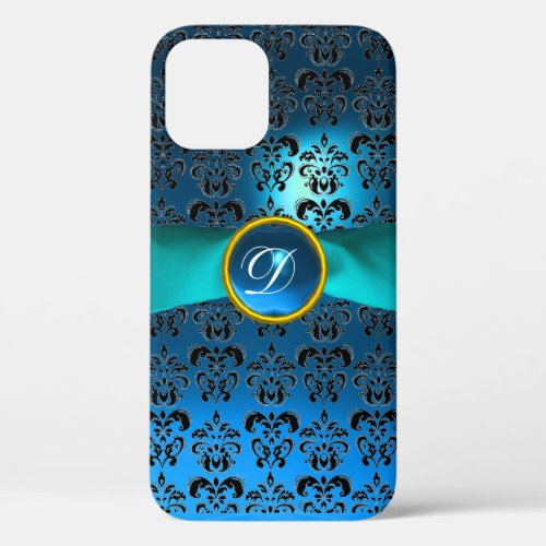 DAMASK GIRLY MONOGRAM  blue ribbon iPhone 12 Case