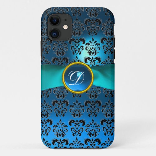 DAMASK GIRLY MONOGRAM  blue ribbon iPhone 11 Case