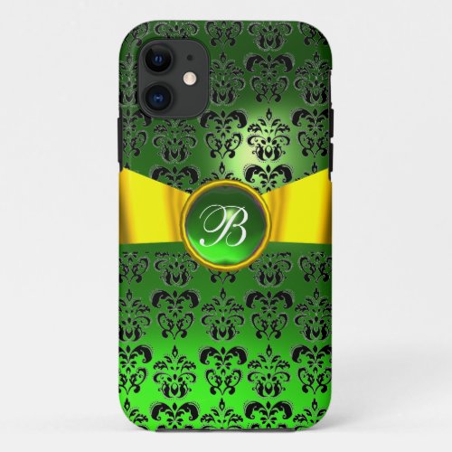 DAMASK GIRLY MONOGRAM green gold yellow ribbon iPhone 11 Case