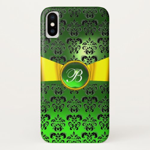 DAMASK GIRLY MONOGRAM green gold yellow ribbon iPhone X Case