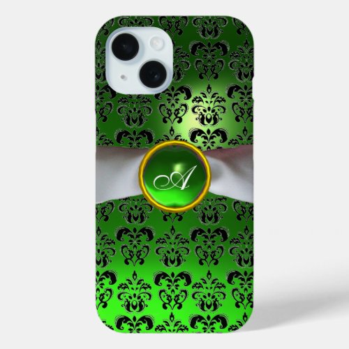 DAMASK GIRLY MONOGRAM green white ribbon iPhone 15 Case