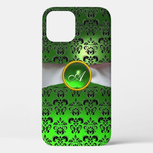 DAMASK GIRLY MONOGRAM green white ribbon iPhone 12 Case