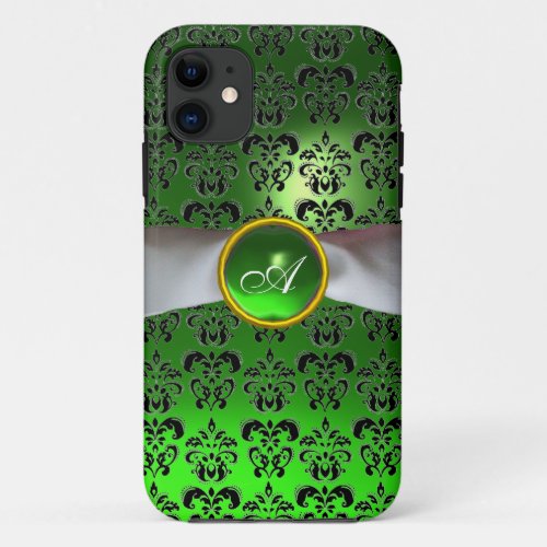 DAMASK GIRLY MONOGRAM green white ribbon iPhone 11 Case