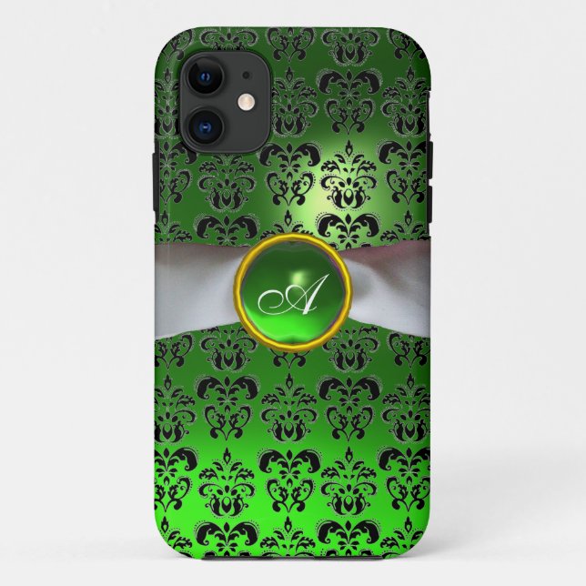 DAMASK GIRLY MONOGRAM green white ribbon Case-Mate iPhone Case (Back)