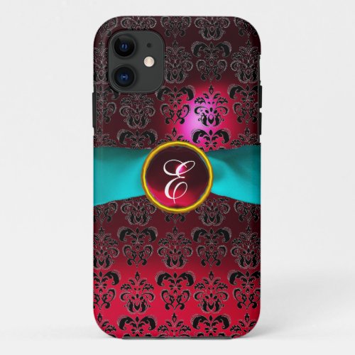 DAMASK GIRLY MONOGRAM red burgundy white ribbon iPhone 11 Case