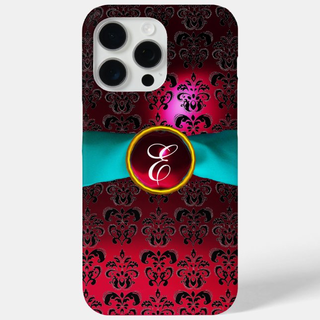DAMASK GIRLY MONOGRAM red burgundy white ribbon Case-Mate iPhone Case (Back)