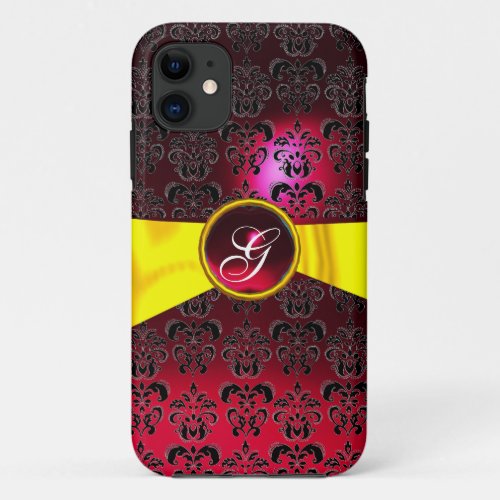 DAMASK GIRLY MONOGRAM red gold yellow  ribbon iPhone 11 Case