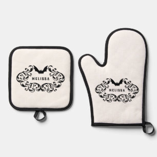 Damask Glam Bat Personalized Oven Mitt & Pot Holder Set
