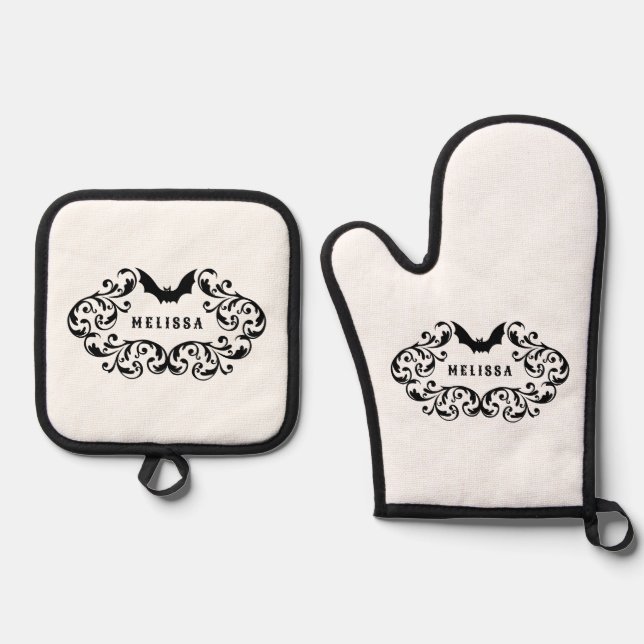 Damask Glam Bat Personalized Oven Mitt & Pot Holder Set (Front)