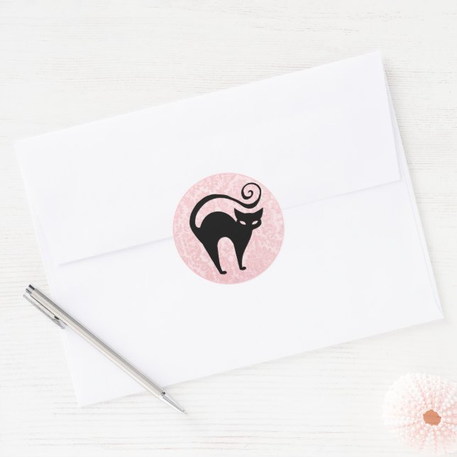 Damask Glam Halloween Kitty Classic Round Sticker (Envelope)