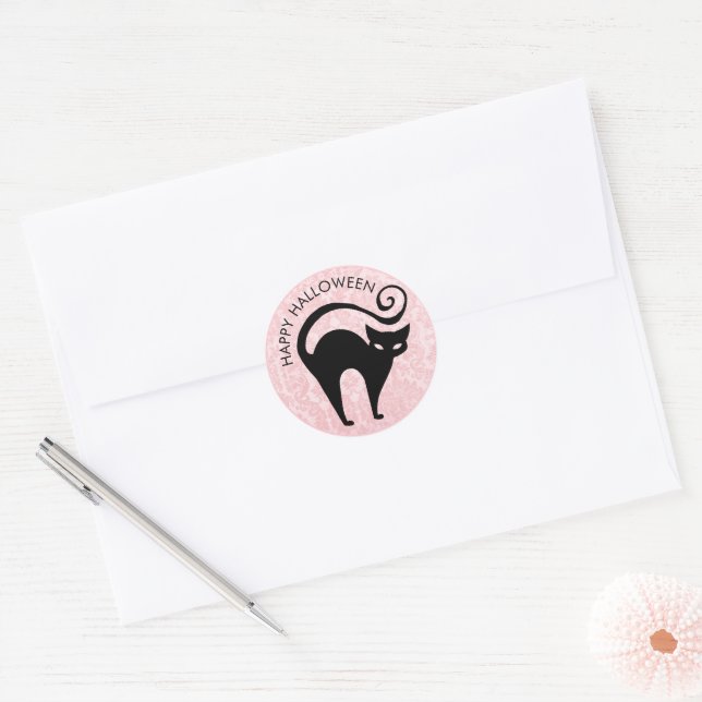 Damask Glam Halloween Kitty Classic Round Sticker (Envelope)