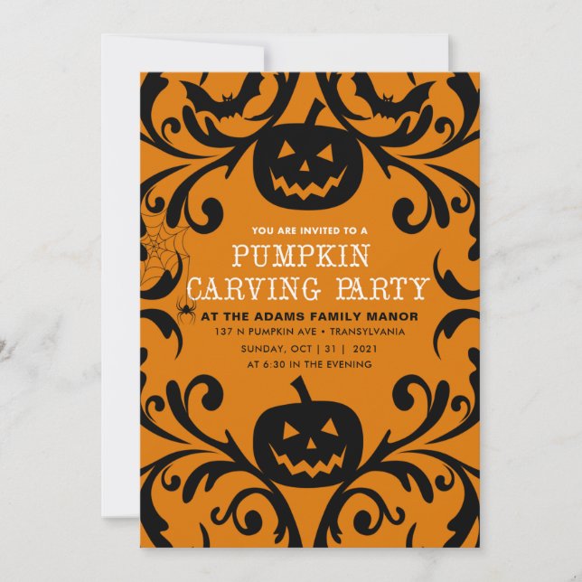 Damask Glam Halloween Pumpkin Carving Invitation (Front)